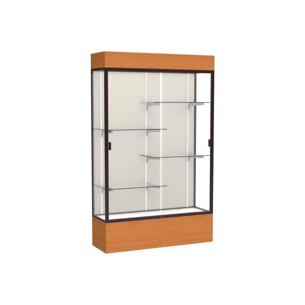 Waddell Display Case Of Ghent Reliant Lighted Display Case 48"W x 80"H x 16"D Carmel Oak Base Plaque Back Dark Bronze Frame 2174PB-BZ-MK - main